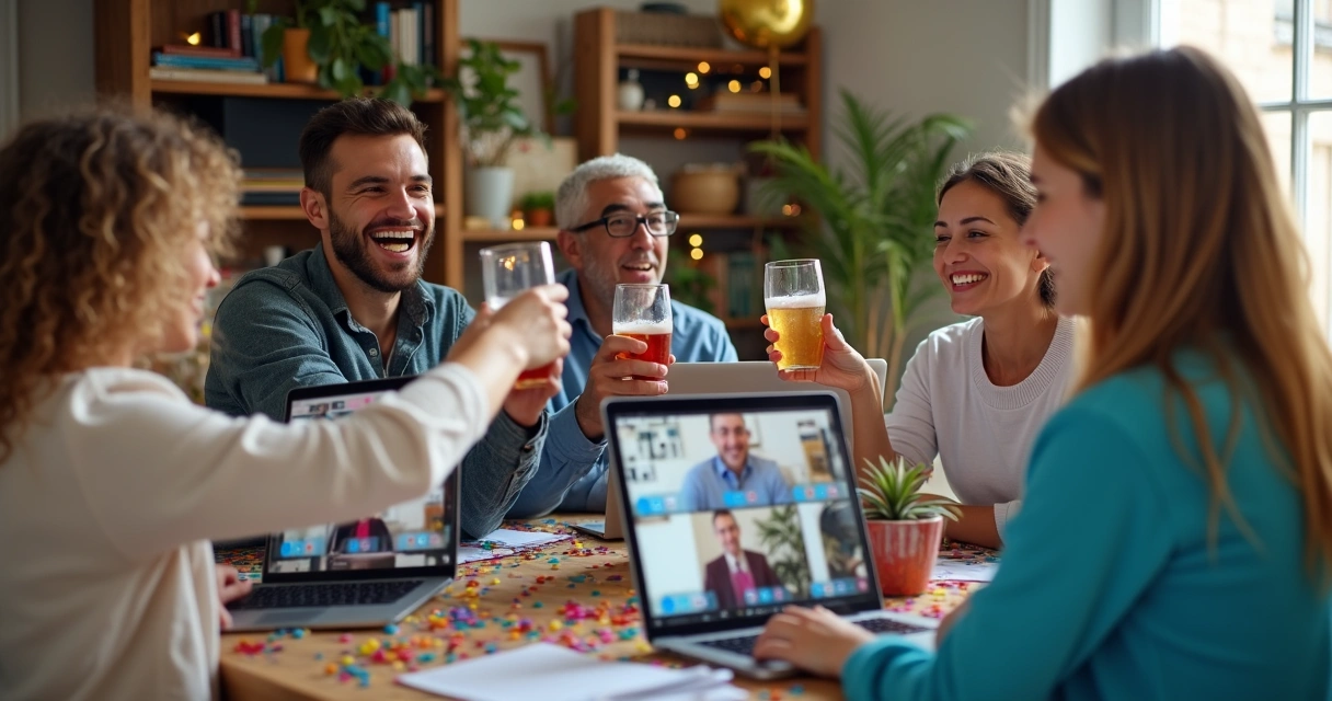 Online team celebrating together on a video call, smiling and raising virtual glasses