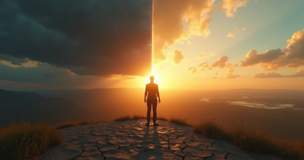 Pessoa em pé diante de horizonte dividido entre sombra e luz simbolizando dor e transformação pessoal 