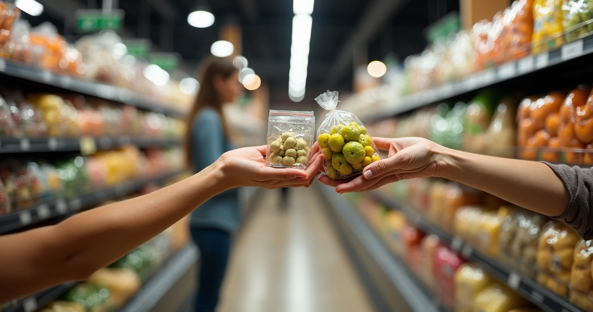 Pessoa escolhendo entre embalagem de plástico e alternativa ecológica em supermercado