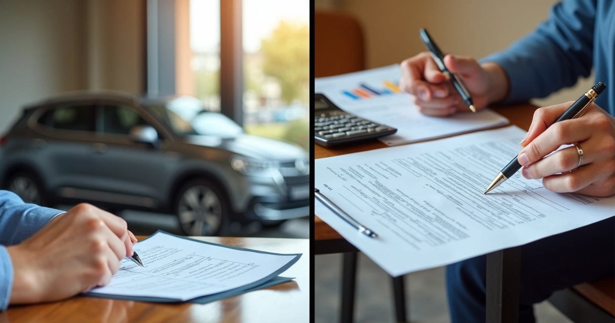 Comparativa visual entre un contrato de arrendamiento y una tabla de financiamiento de autos 