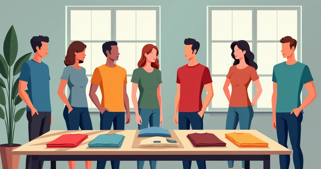 Vários modelos e cores de camisetas alinhados em uma mesa