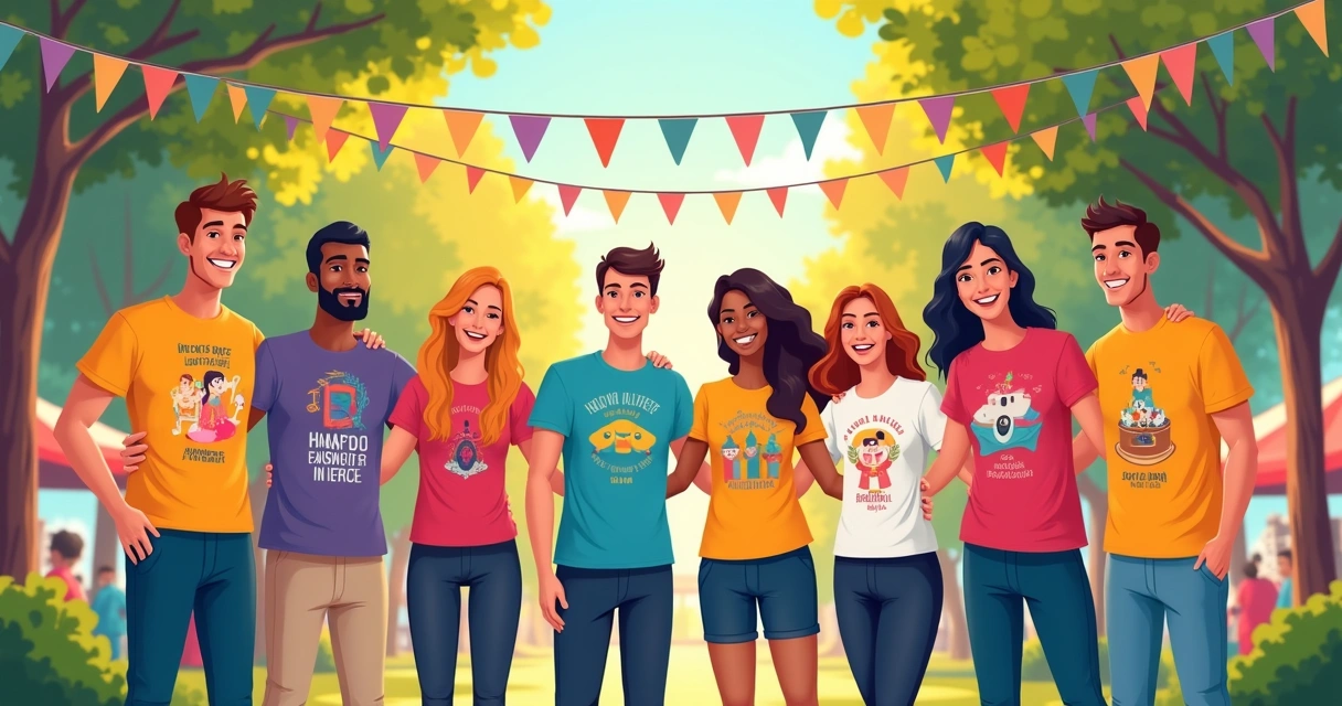 Camisetas personalizadas coloridas para equipe de evento tradicional em Adamantina, dispostas ao ar livre 