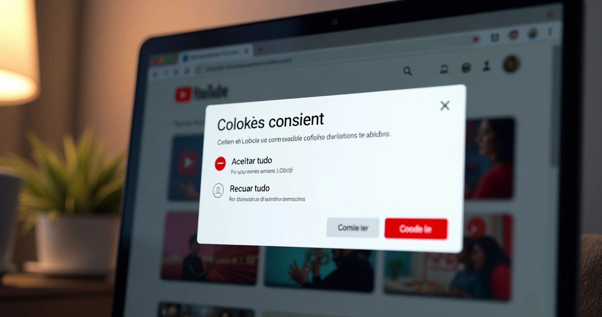 Tela de opções de cookies exibida ao acessar o YouTube 