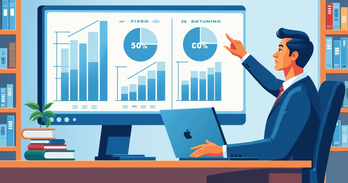 Homem em traje de negócios mostrando opções de CDB em tela com gráficos sobre investimentos.