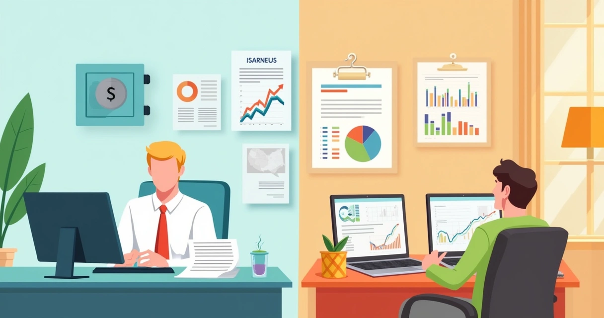 Ilustração dividida mostrando opções de investimentos: renda fixa calma e renda variável dinâmica.