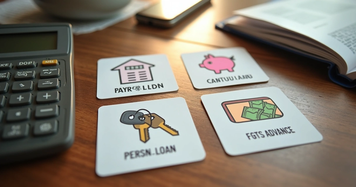 Opções de empréstimo para negativados ilustradas em cartões sobre uma mesa 