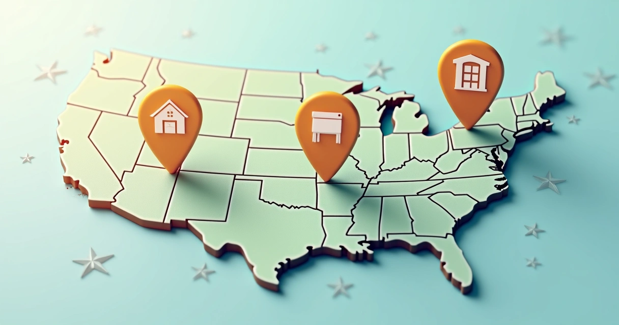 Endereço nos EUA: guia para brasileiros entenderem e utilizarem 3 Diferentes tipos de endereço americano em um mapa dos EUA com ilustrações de caixas postais e edifícios.