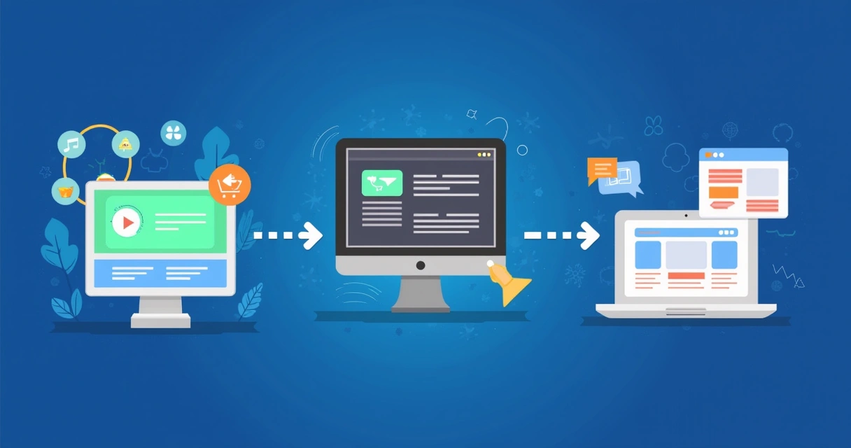 Ilustração das opções de marketing digital: landing page, site completo e e-commerce.