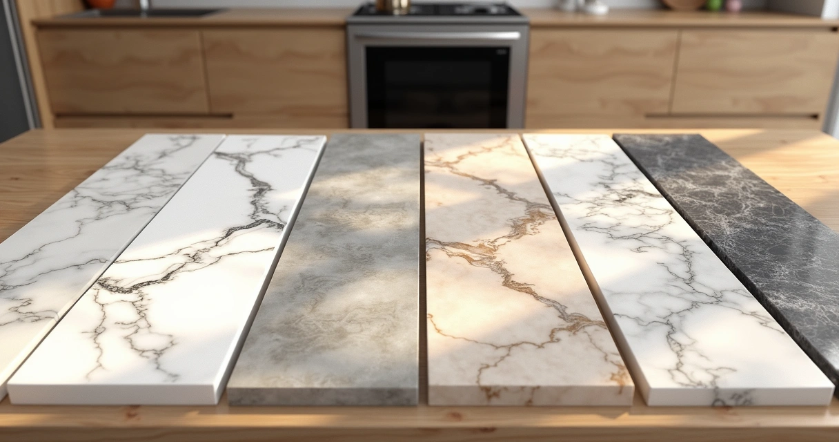 Amostras de mármore em bancada de cozinha planejada, móveis de madeira 
