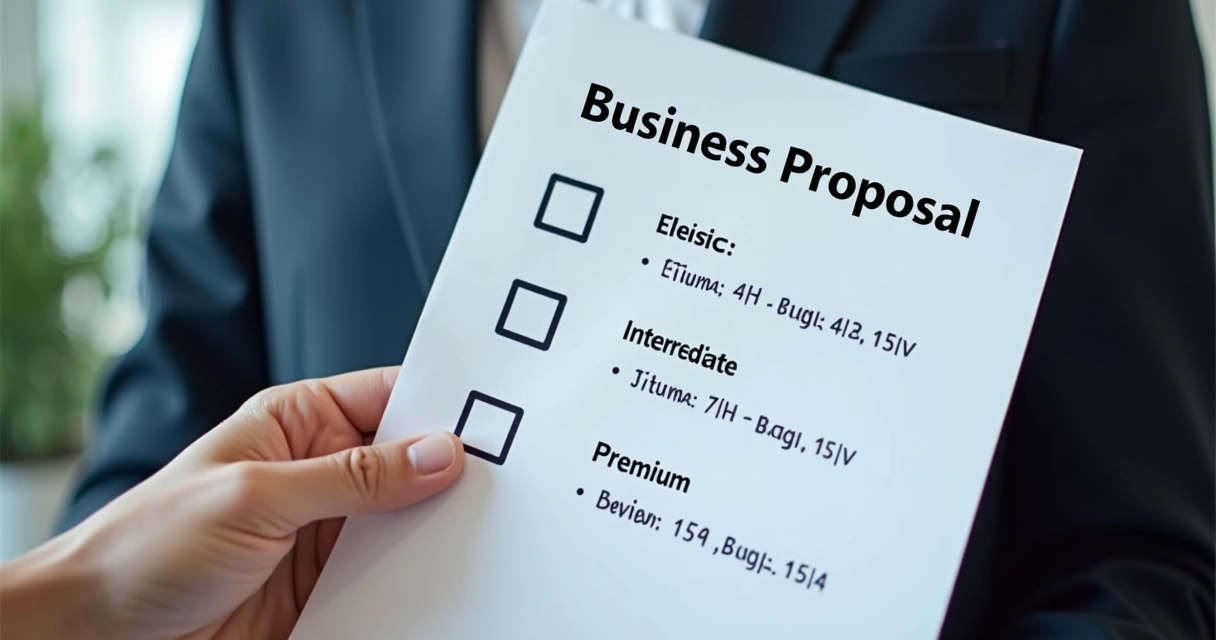 Folha ou tela dividida com três opções de proposta empresarial, lado a lado, com elementos de seleção 