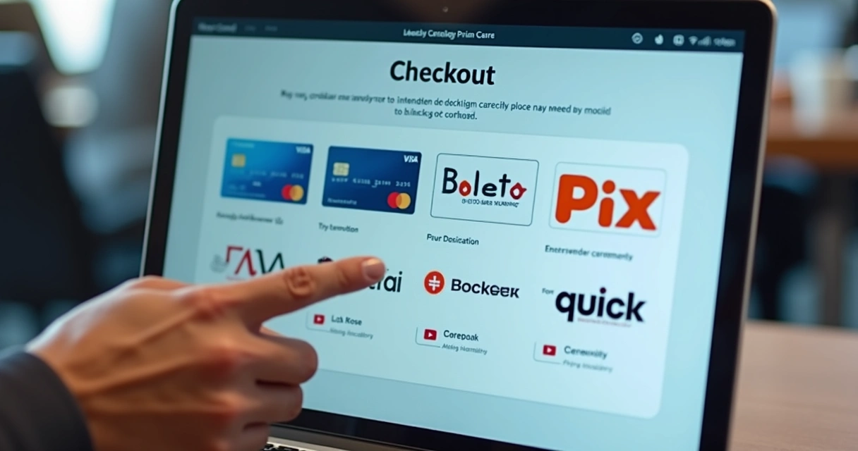 Checkout com opções de pagamento diversas: cartão, boleto, Pix, parcelamento 