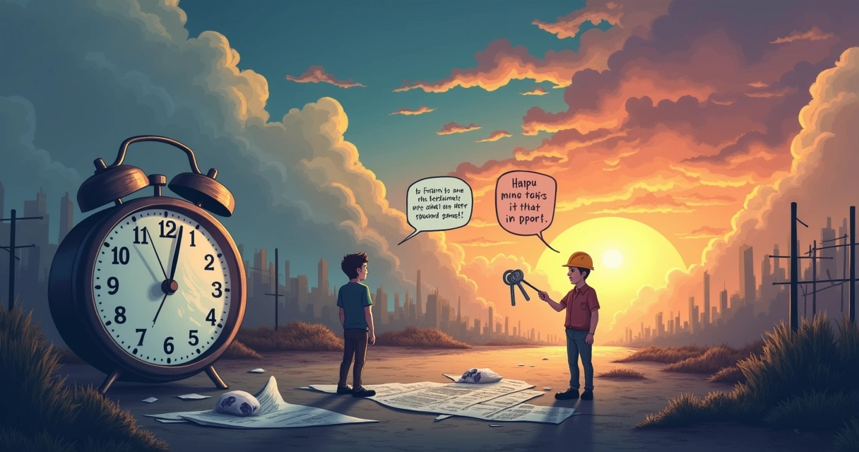 Ilustração de opções após o prazo de desistência da compra de um imóvel, com um relógio derretendo e diálogo amigável.