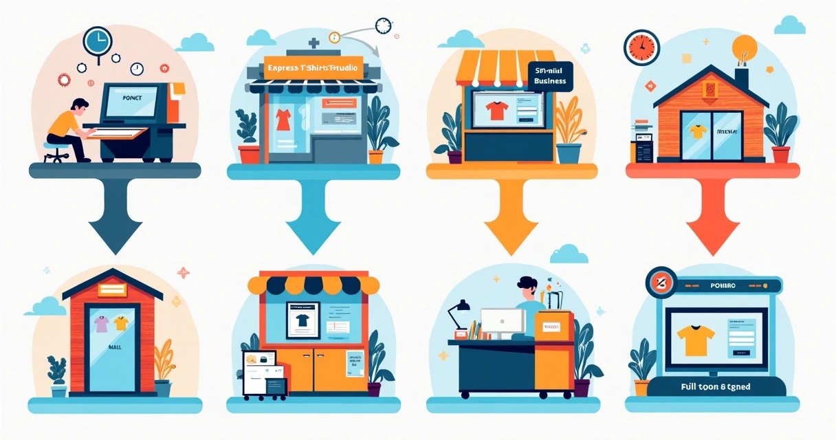 Seis opções de serviços para camisetas fotográficas apresentadas em setas coloridas