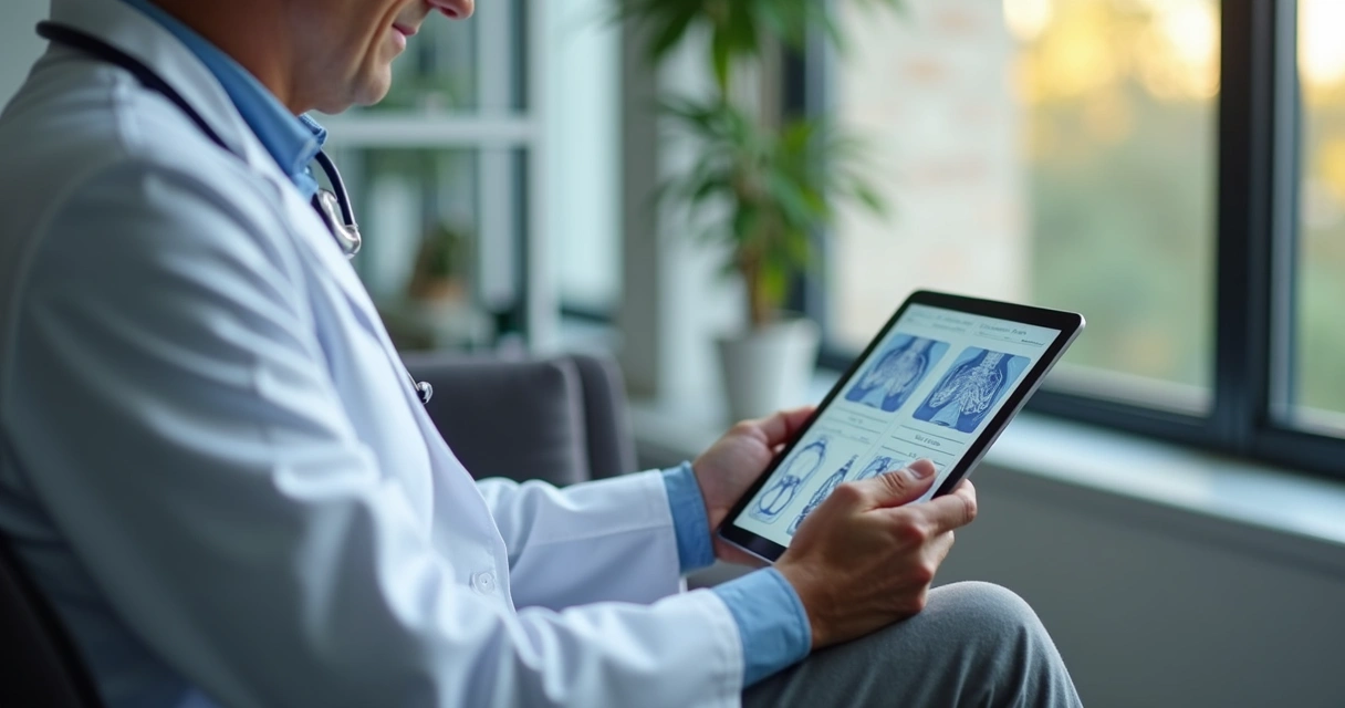 Médico explicando opções de tratamento em tablet 