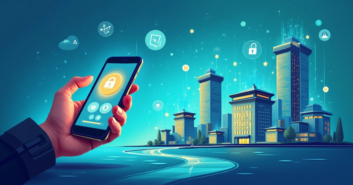 Ilustração de um cenário bancário futurista com edifícios, uma pessoa usando um smartphone e gráficos de finanças.
