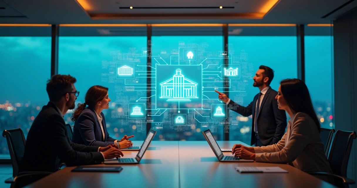 Executivos em uma mesa analisando fluxo de dados financeiros digitais 