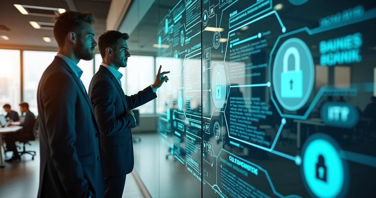 Executivos analisam painel digital de open banking com fluxos de pagamento conectados 