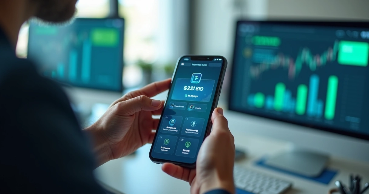 Pessoa usando smartphone com interface de serviços financeiros personalizados em tela digital 