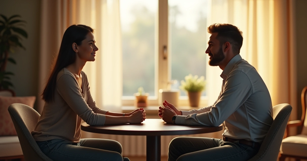 Two people sitting in open posture, maintaining relaxed shoulders and gentle eye contact while listening attentively