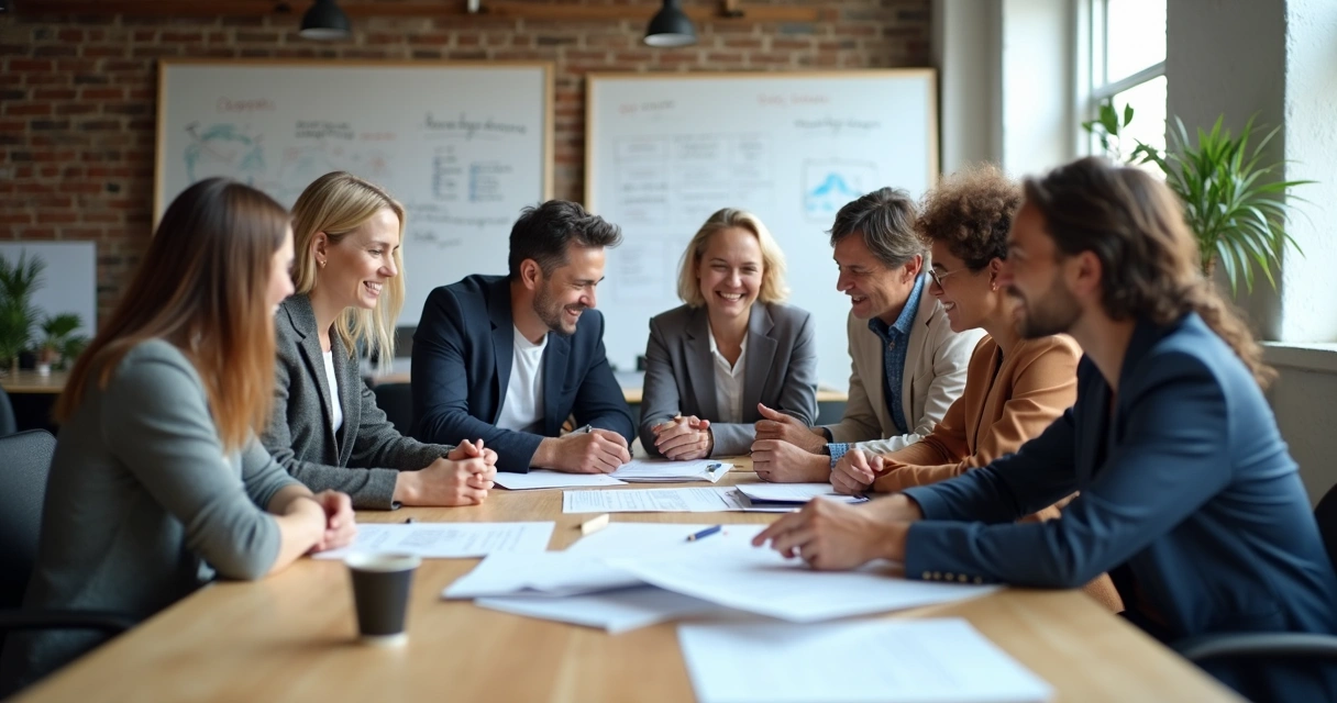 Team in an open workspace discussing ideas comfortably