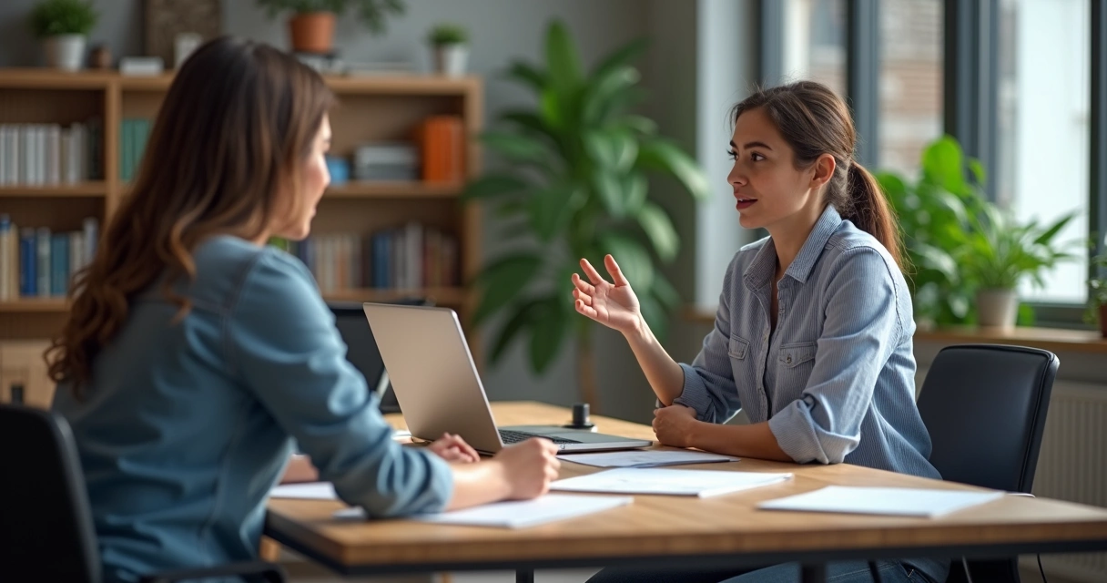 Two people at a meeting table, talking openly, with one listening attentively and the other sharing calmly.