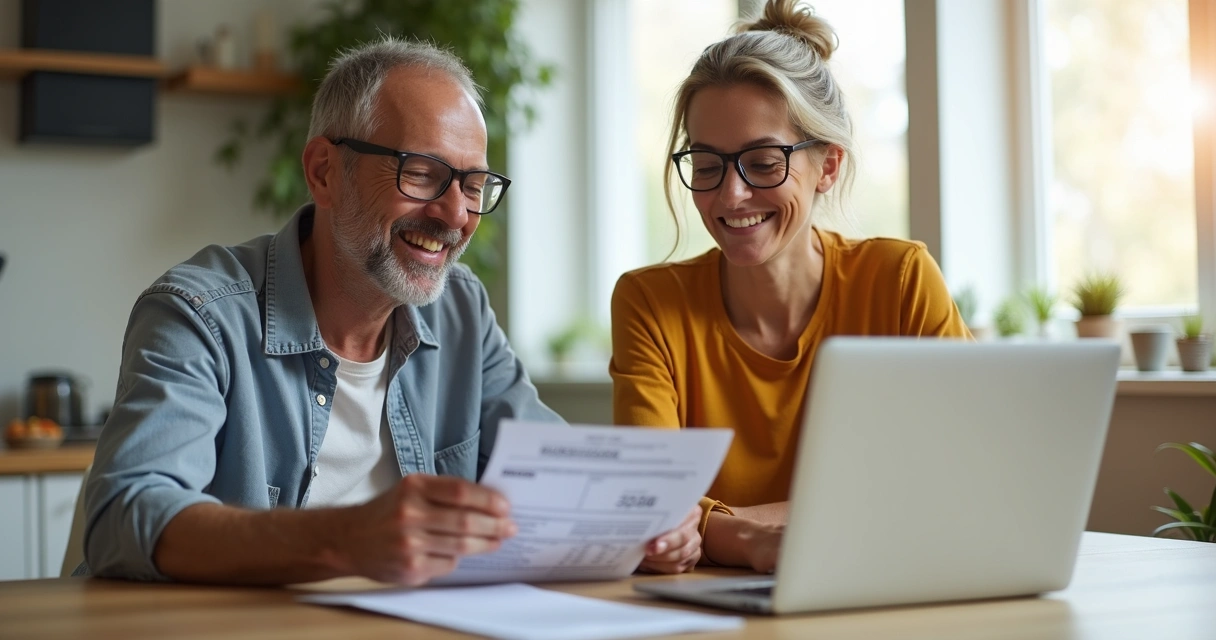 Two people discuss finances at kitchen table 