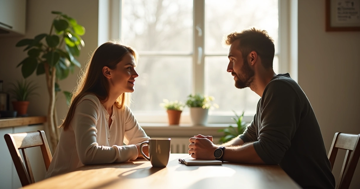 Couple talking openly at a kitchen table 