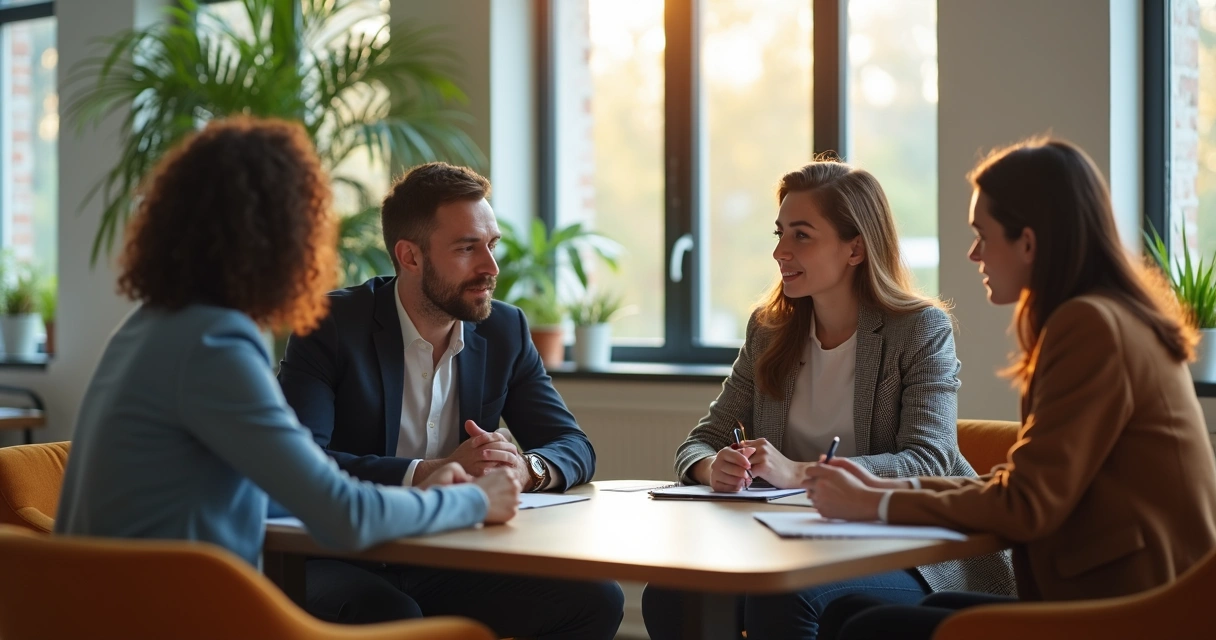 Open conversation between colleagues in a relaxed workspace