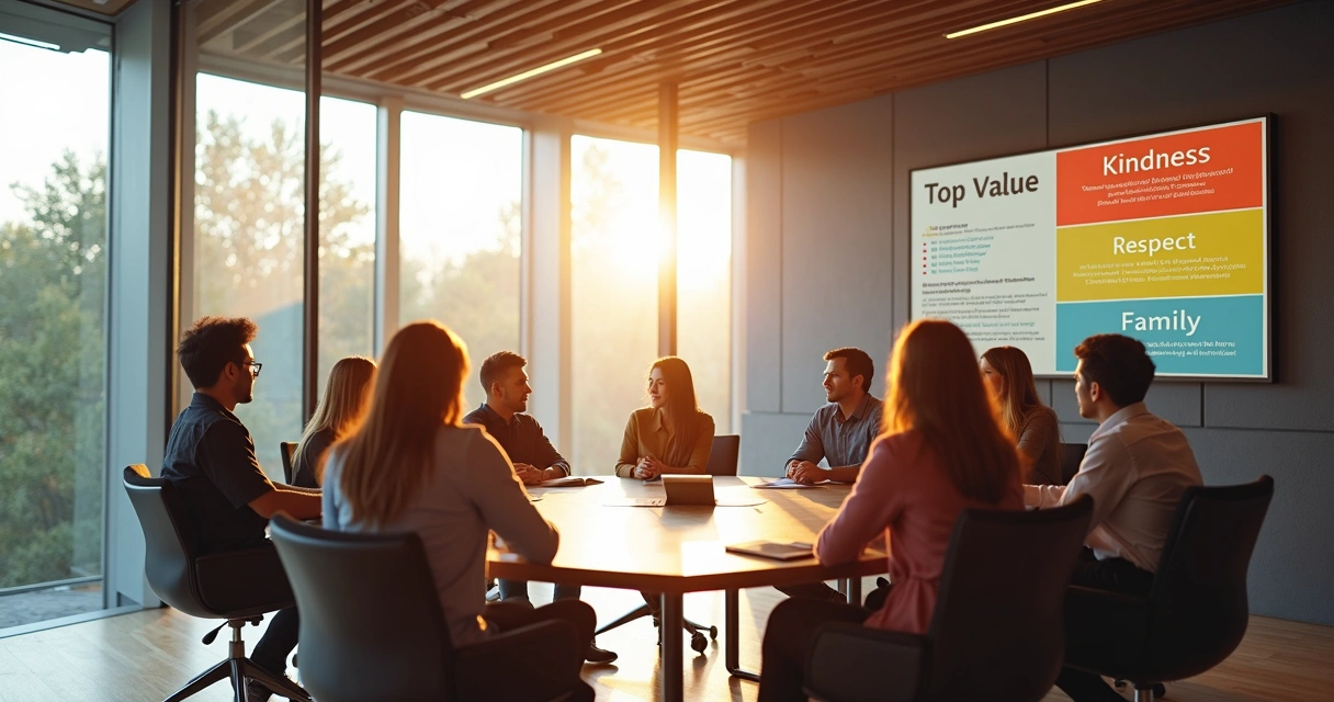 Corporate team meeting with a values chart.