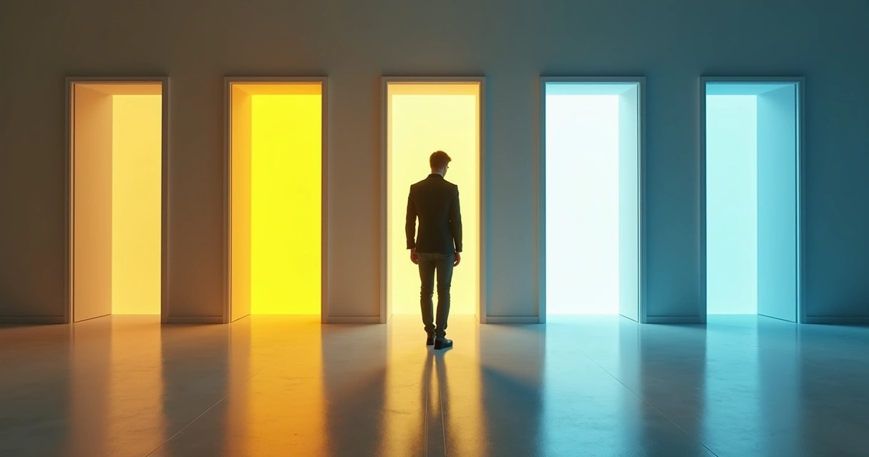 Person standing in front of multiple open doors with light spilling through