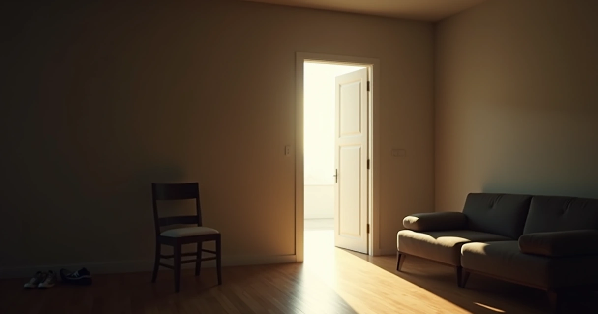 Open door leading from a dark room into light 
