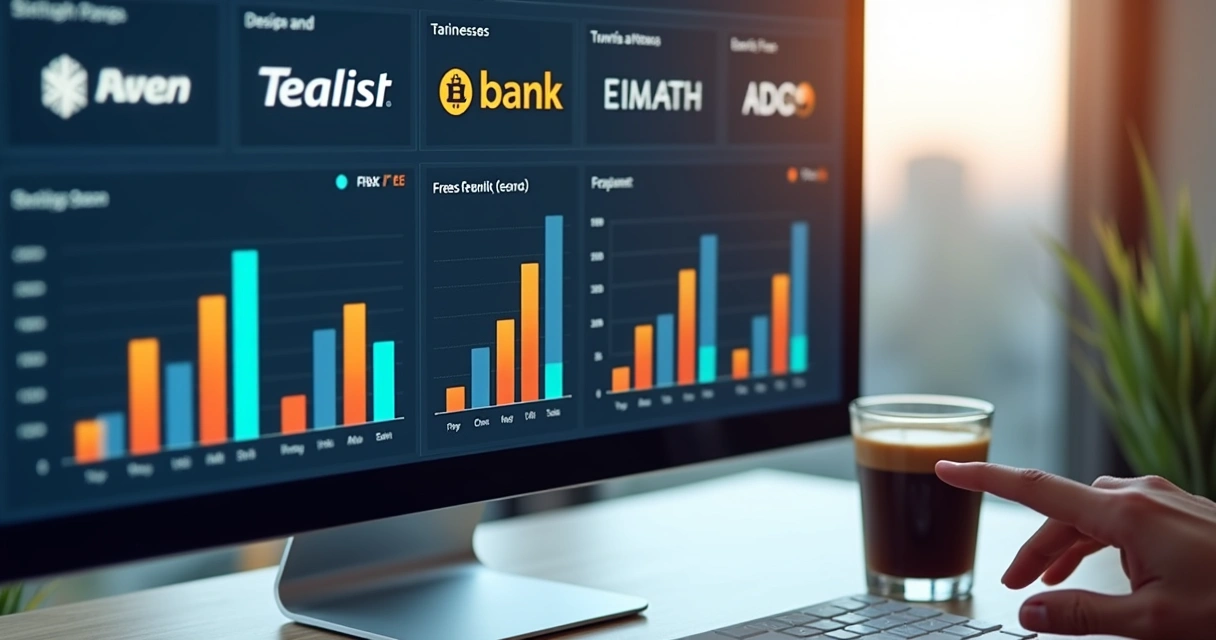 Painel digital mostra comparação de taxas bancárias por bancos diferentes 