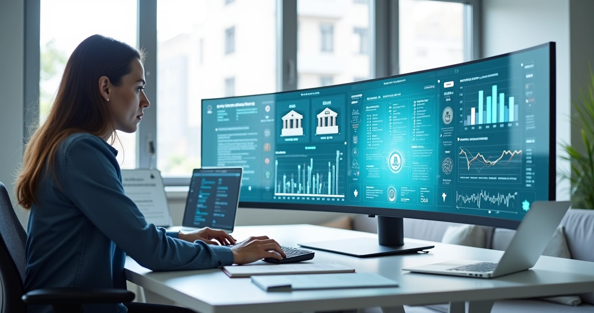 Profissional de contabilidade analisando dashboard de open finance integrado ao ERP em tela grande 