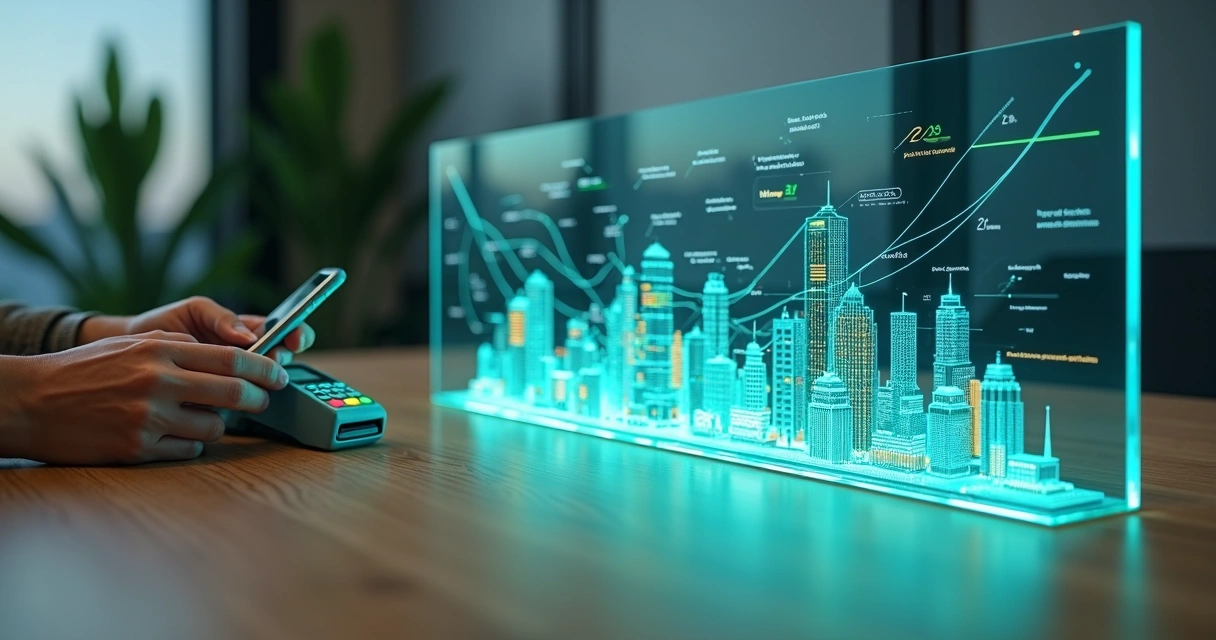 Representação conceitual de Open Finance conectando dados bancários a decisão de crédito em painel digital 
