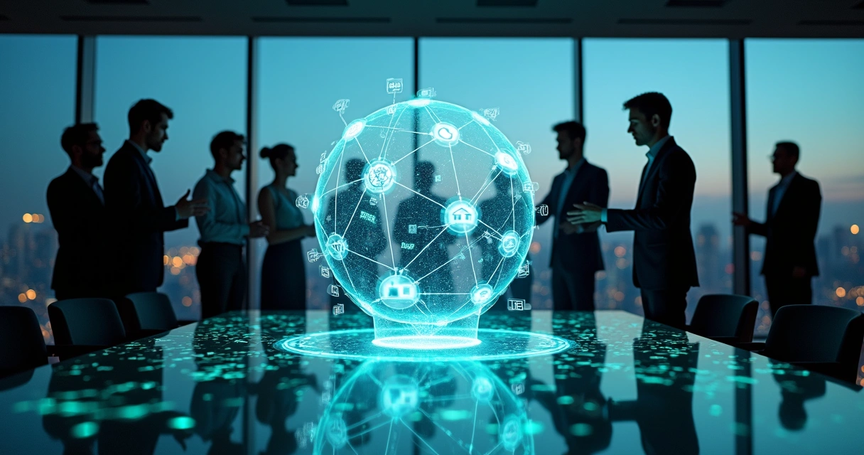 Executivos observando holograma de ecossistema financeiro conectado 