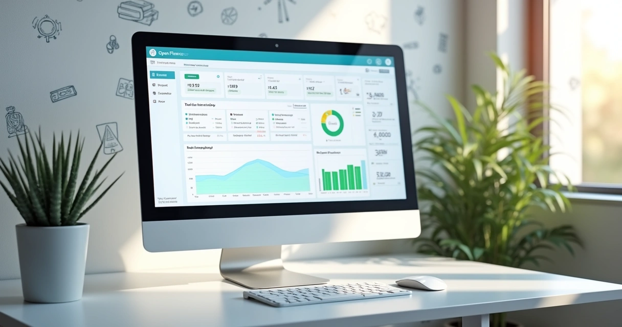 Tela de computador mostrando dashboard de Open Finance com gráficos e contas integradas 