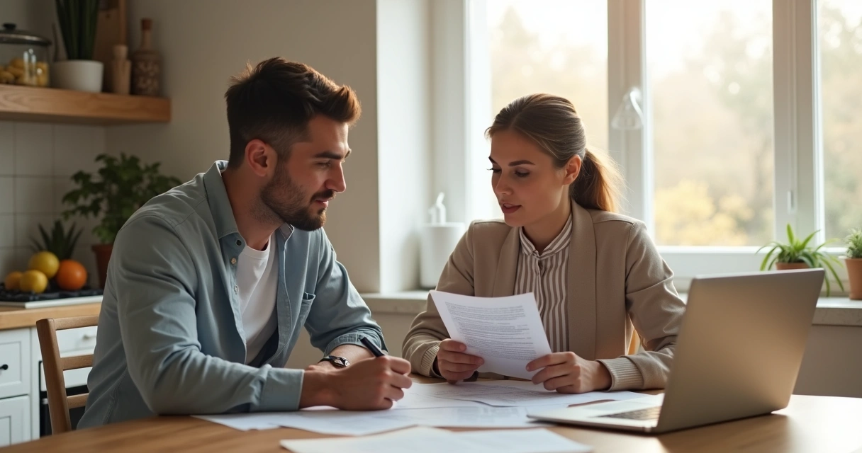 Two adults discussing bills at a kitchen table, looking calm and cooperative.