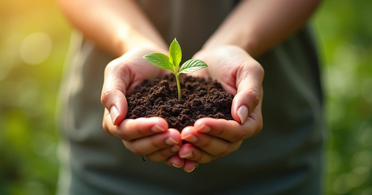Open hands holding a small green seedling in natural morning light 
