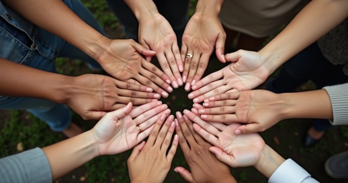 Hands of various people open in unity 