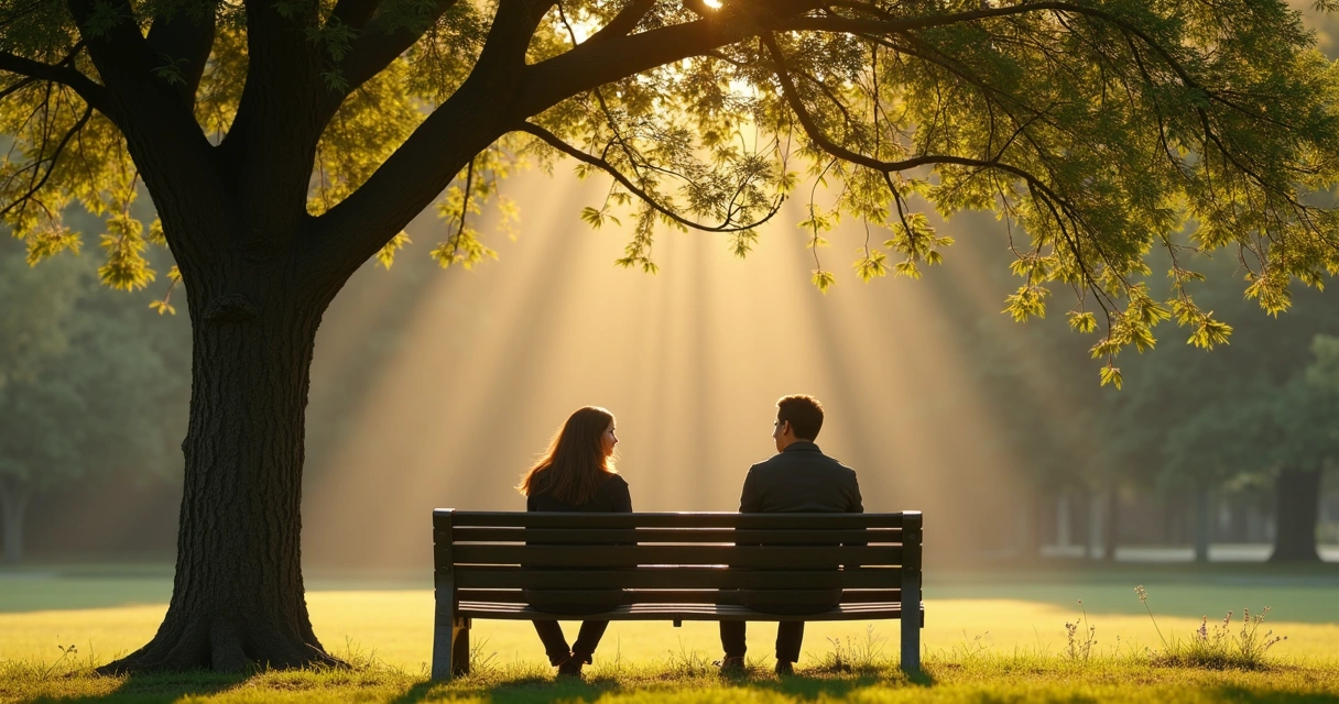 Two people talking openly at a park bench in sunlight 