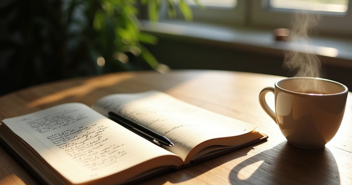 Open journal, pen, and coffee cup on a wooden table. 