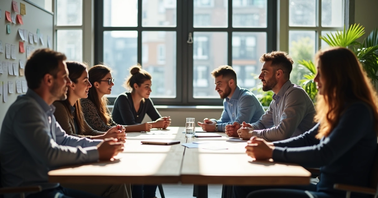 Colleagues in an open office space discussing around a table