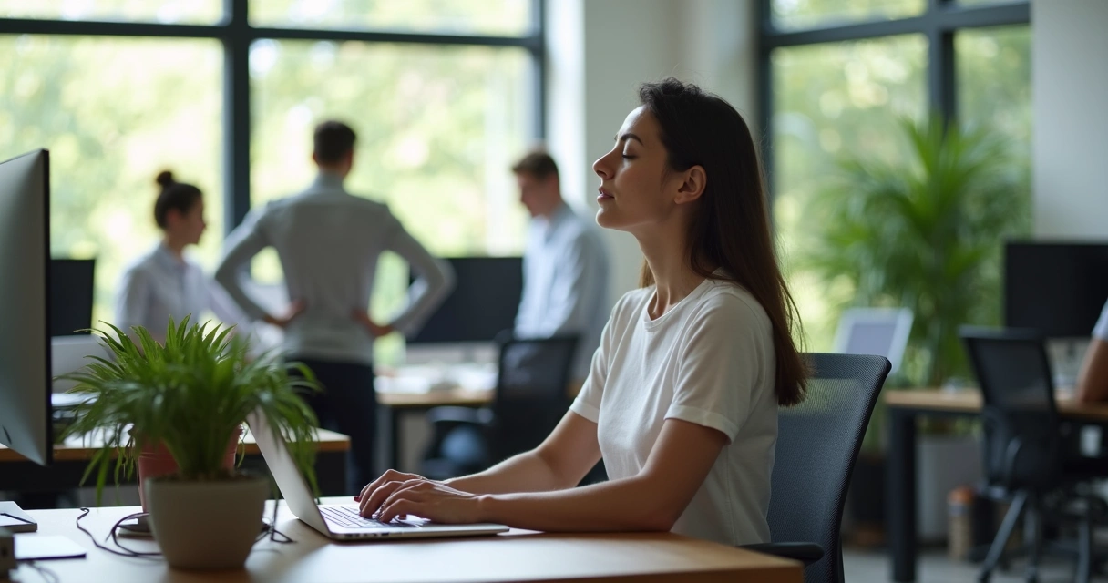 Group of coworkers in an open office space, some looking at screens, one pausing with closed eyes and another stretching near their desk 
