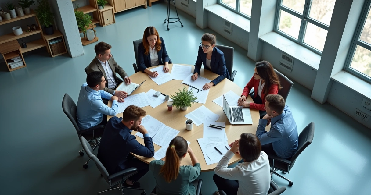 Overhead view of office team looking stressed at workbench 