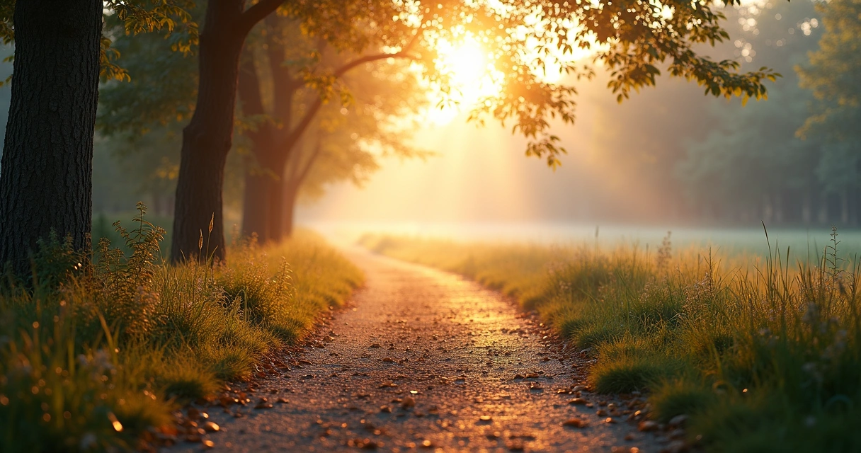 Quiet path at sunrise with soft golden light 