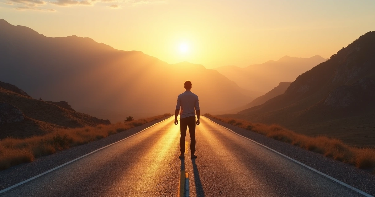 Person standing on a road facing open mountains, symbolizing choices
