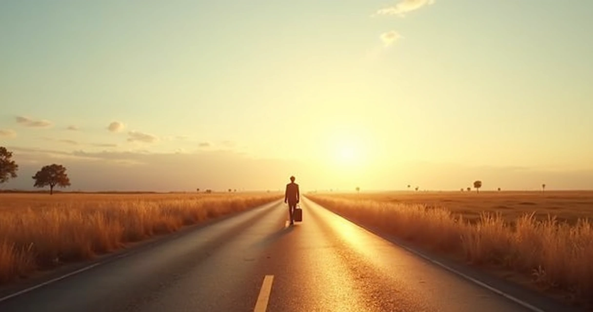 Open road at sunrise with one traveler walking toward the horizon