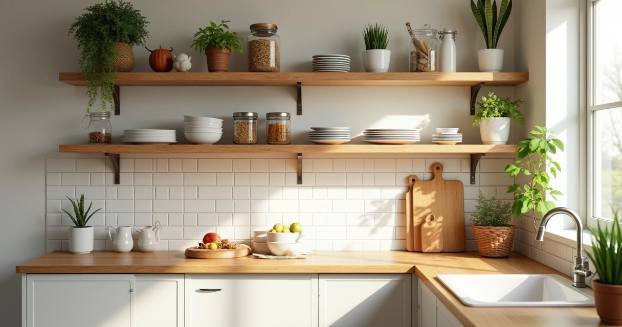 Small kitchen with open shelves neatly arranged with dishes and jars 