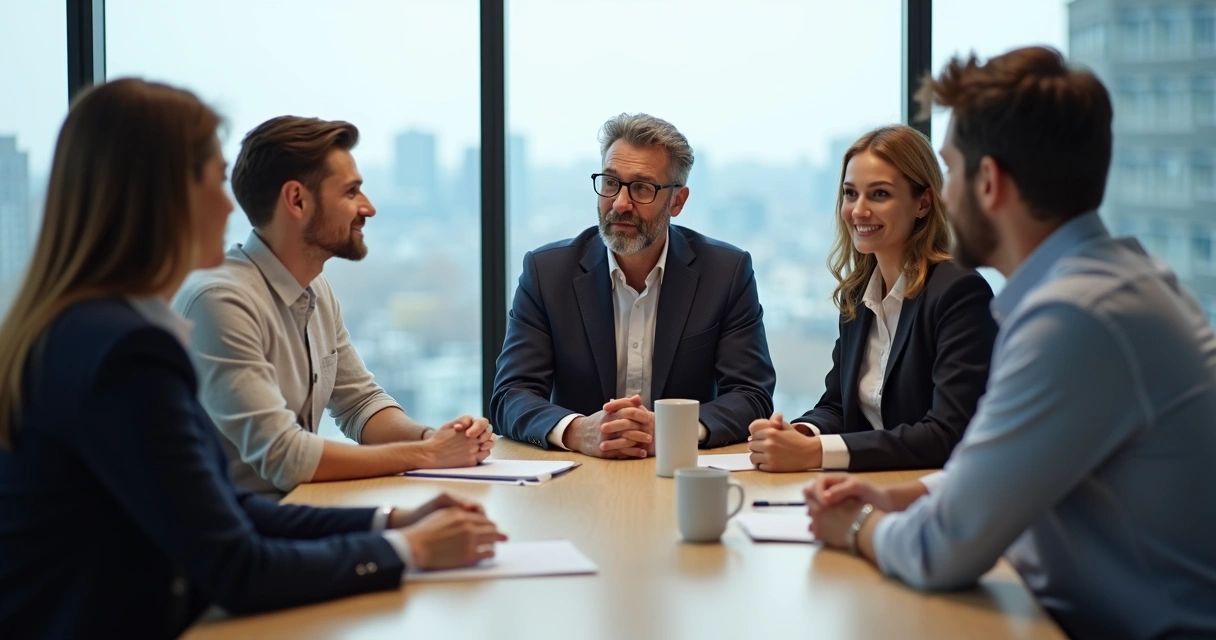 Diverse group of professionals in a meeting, engaging in open discussion 