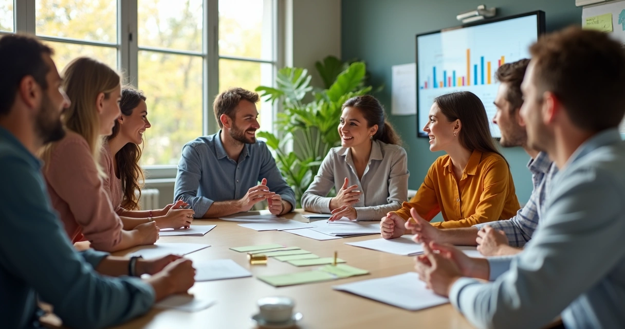 Team members sharing ideas openly in meeting room